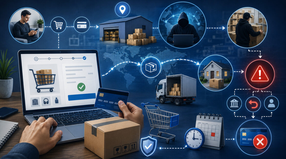 Triangulation fraud and reshipping scam ecommerce chargeback illustration