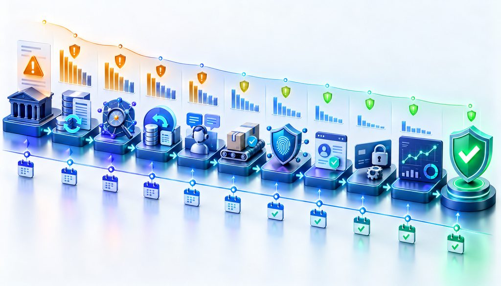 Chargeback monitoring program remediation workflow showing fraud controls, refund improvements, pre-dispute tools, and declining VAMP risk